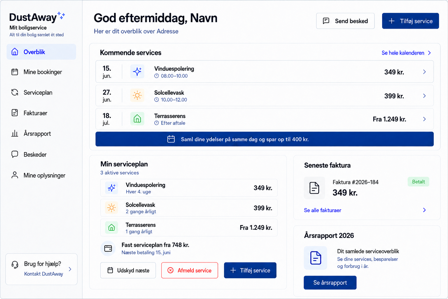 Eksempel på Min boligservice — samlet kundeoverblik