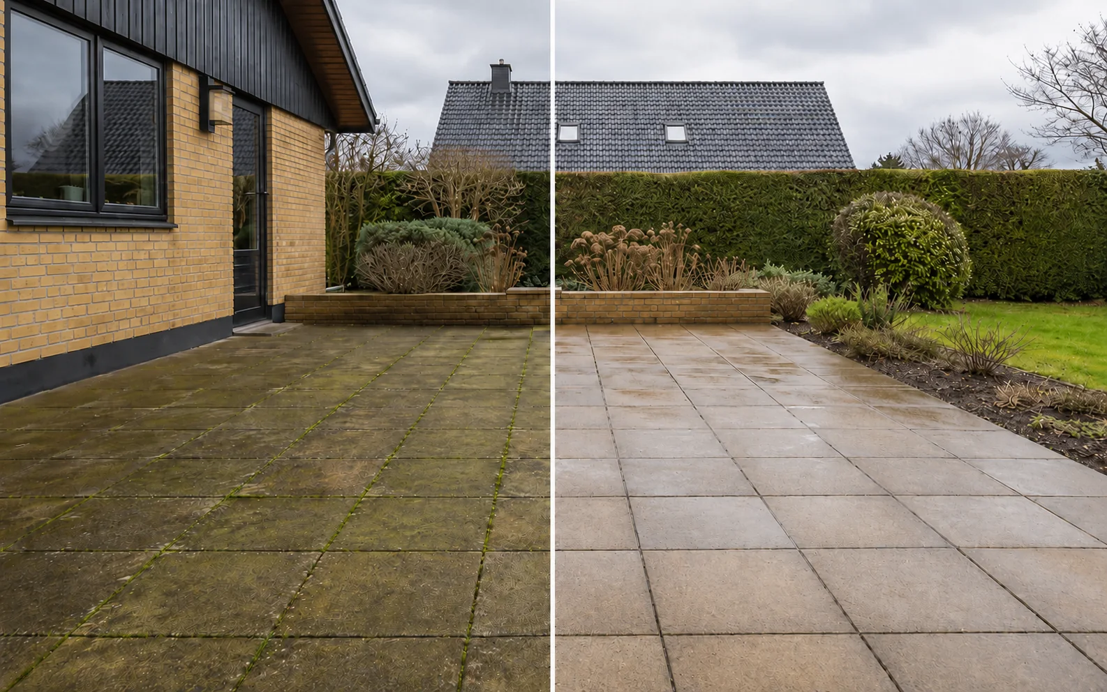 Før og efter terrasserens af fliseterrasse ved dansk villa